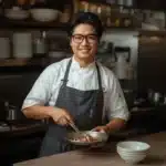 Portrait of Haruki Sakamoto, a Japanese-American chef, holding a fresh fish in a seafood kitchen with various shellfish on the wooden counter.