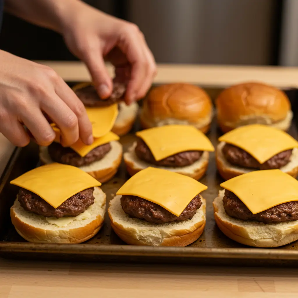 Hawaiian Roll Cheeseburger Sliders – Easy, Juicy, Crowd Favorite 6 Assembling Hawaiian Roll Cheeseburger Sliders