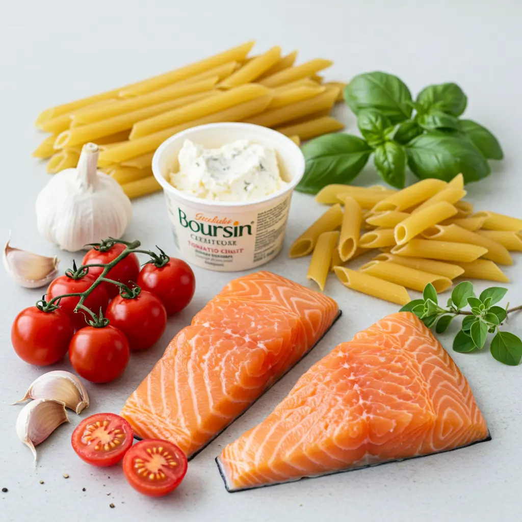 Boursin Tomato Pasta with Salmon: Creamy, Easy & Full of Flavor 5 Ingredients for Boursin Tomato Pasta with Salmon
