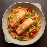 Boursin Tomato Pasta with Salmon served in rustic bowl