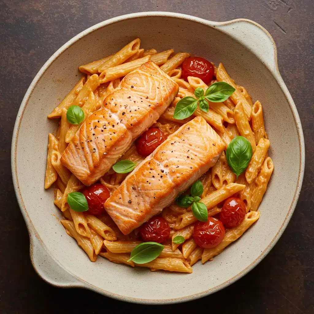 Boursin Tomato Pasta with Salmon served in rustic bowl