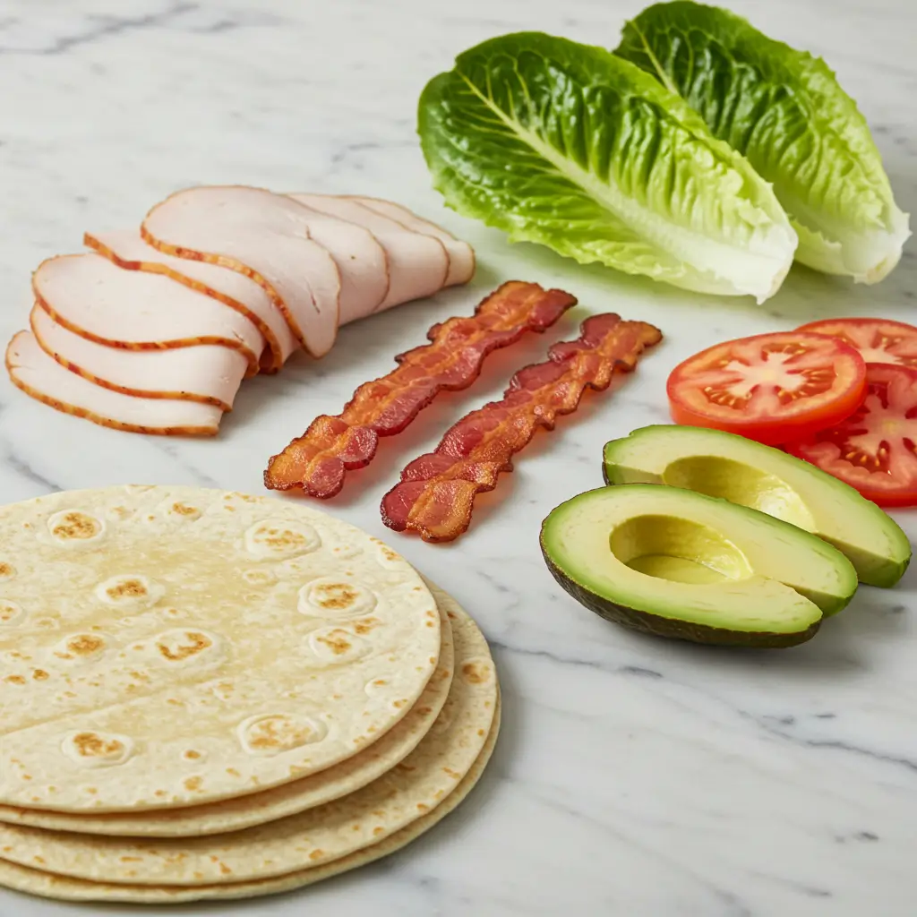 California Club Wrap Recipe: Fresh, Easy, and Packed with Flavor 5 California Club Wrap ingredients on kitchen counter