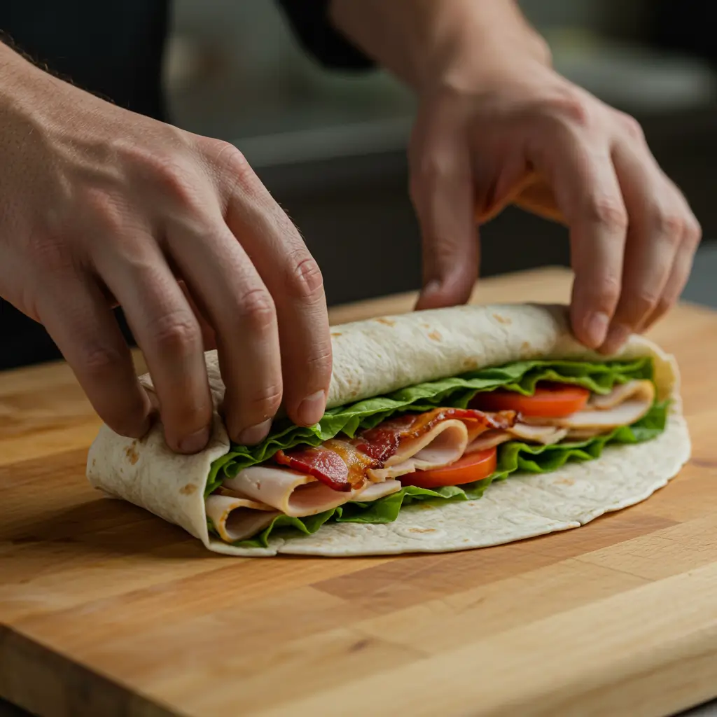 California Club Wrap Recipe: Fresh, Easy, and Packed with Flavor 6 Rolling California Club Wrap on cutting board