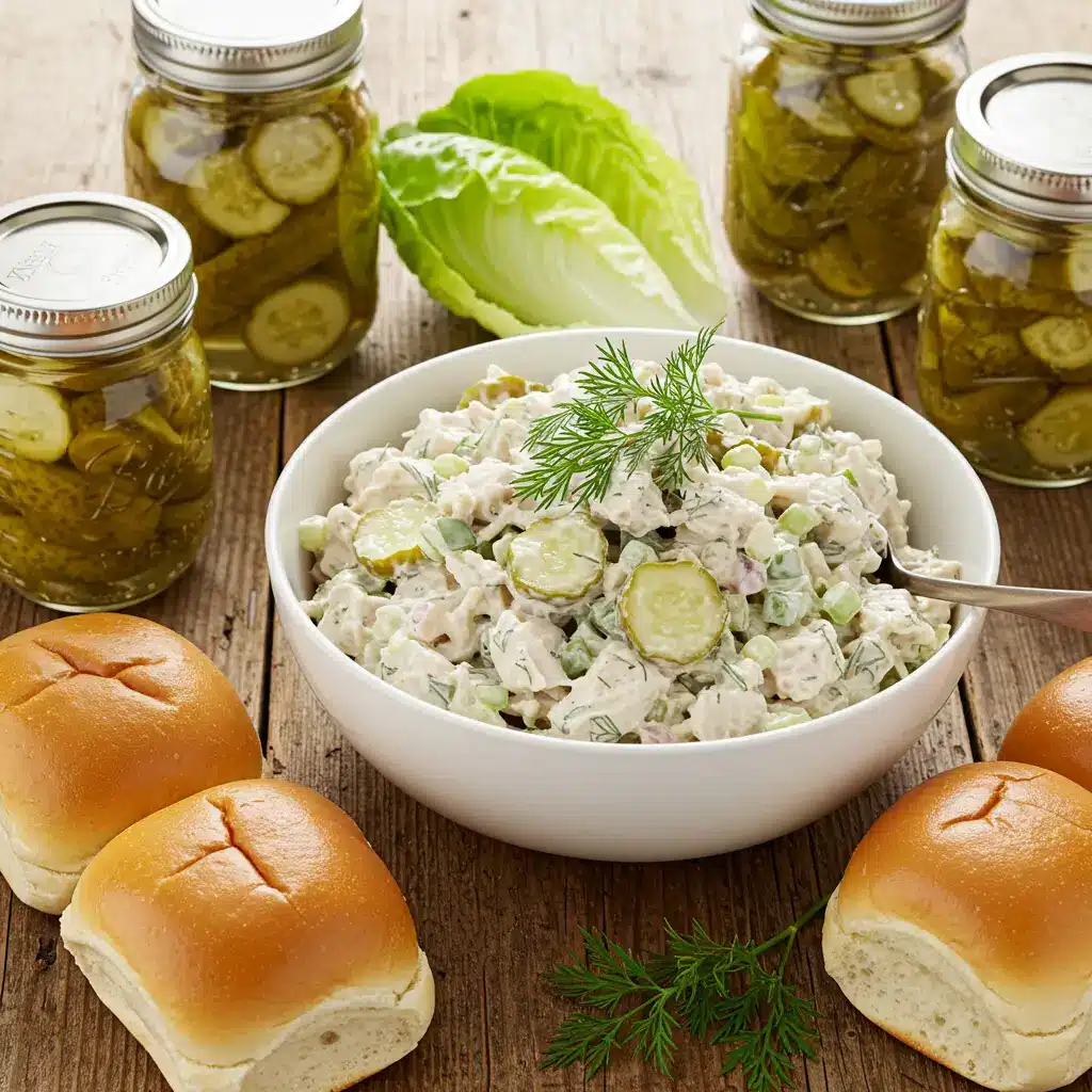 Dill Pickle Chicken Salad in bowl with lettuce cups and pickles