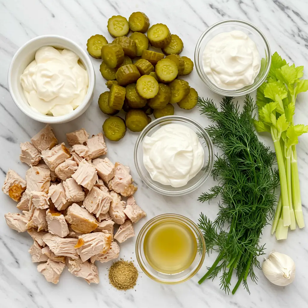 Dill Pickle Chicken Salad – Tangy, Creamy, Irresistible! 5 Ingredients for dill pickle chicken salad on marble counter