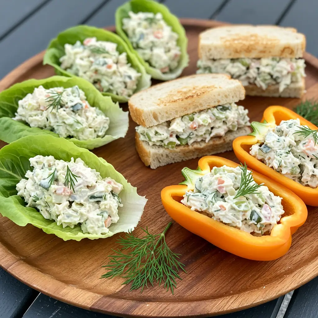 Dill Pickle Chicken Salad – Tangy, Creamy, Irresistible! 7 Dill pickle chicken salad served in sandwich, lettuce cups, and stuffed peppers