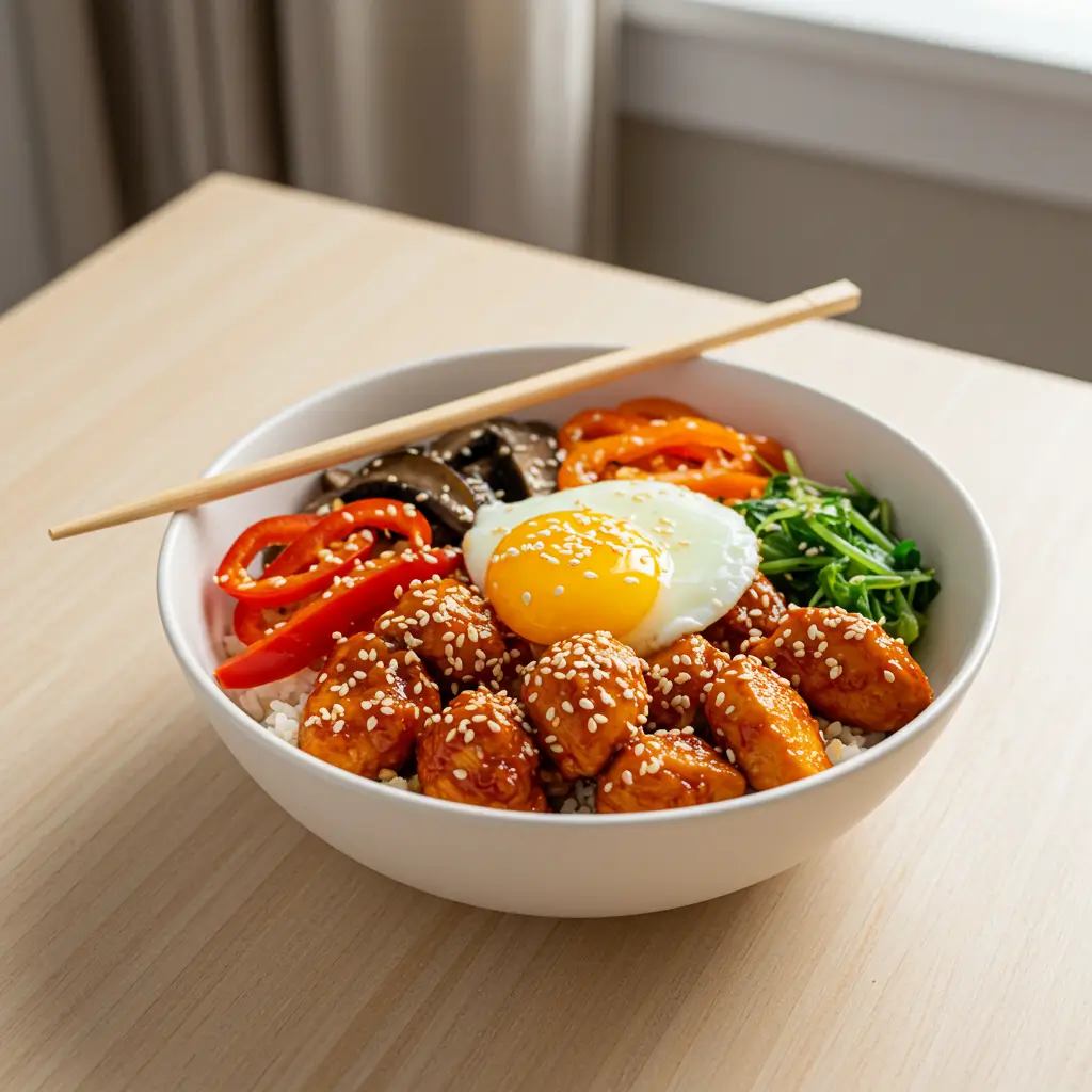 Gochujang Chicken Bowls: Bold, Spicy, and Easy to Make 7 Served gochujang chicken bowl with toppings and rice