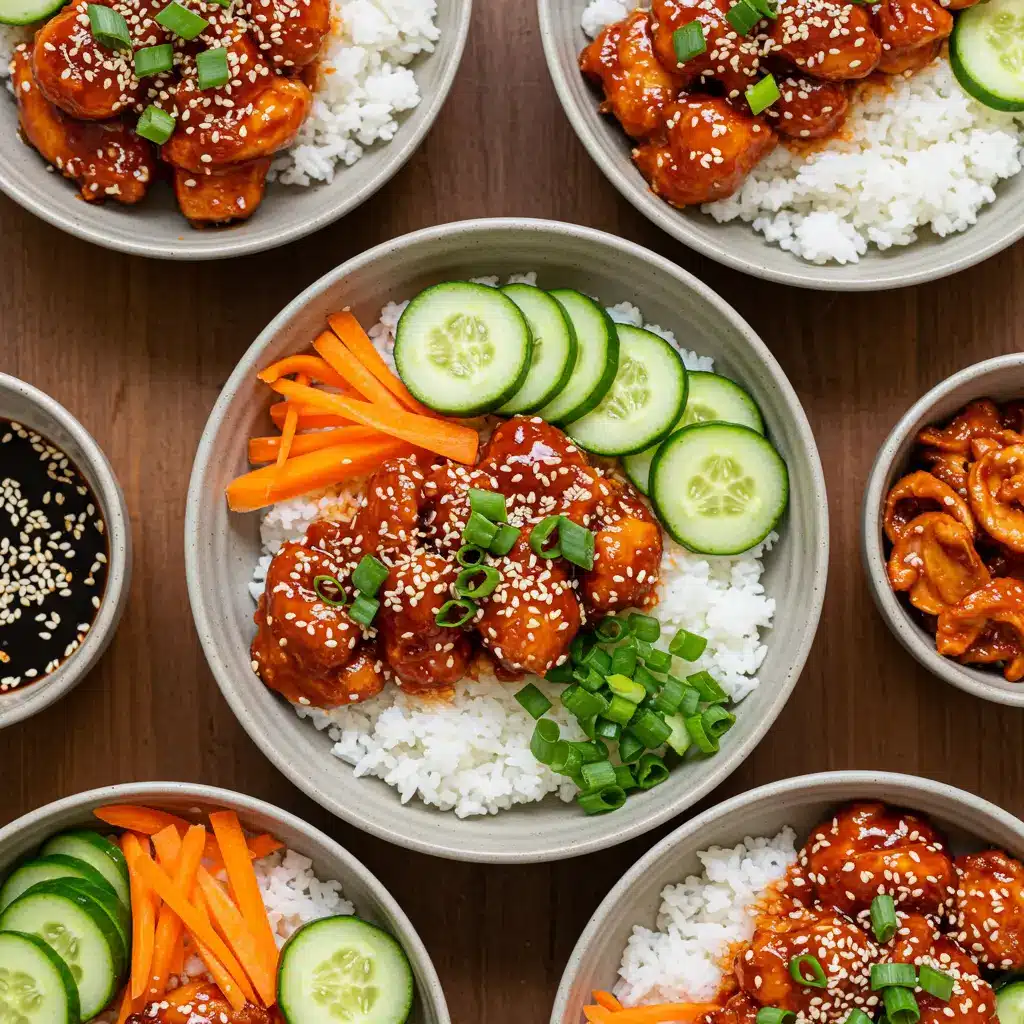 Gochujang Chicken Bowls with rice, vegetables, and gochujang sauce