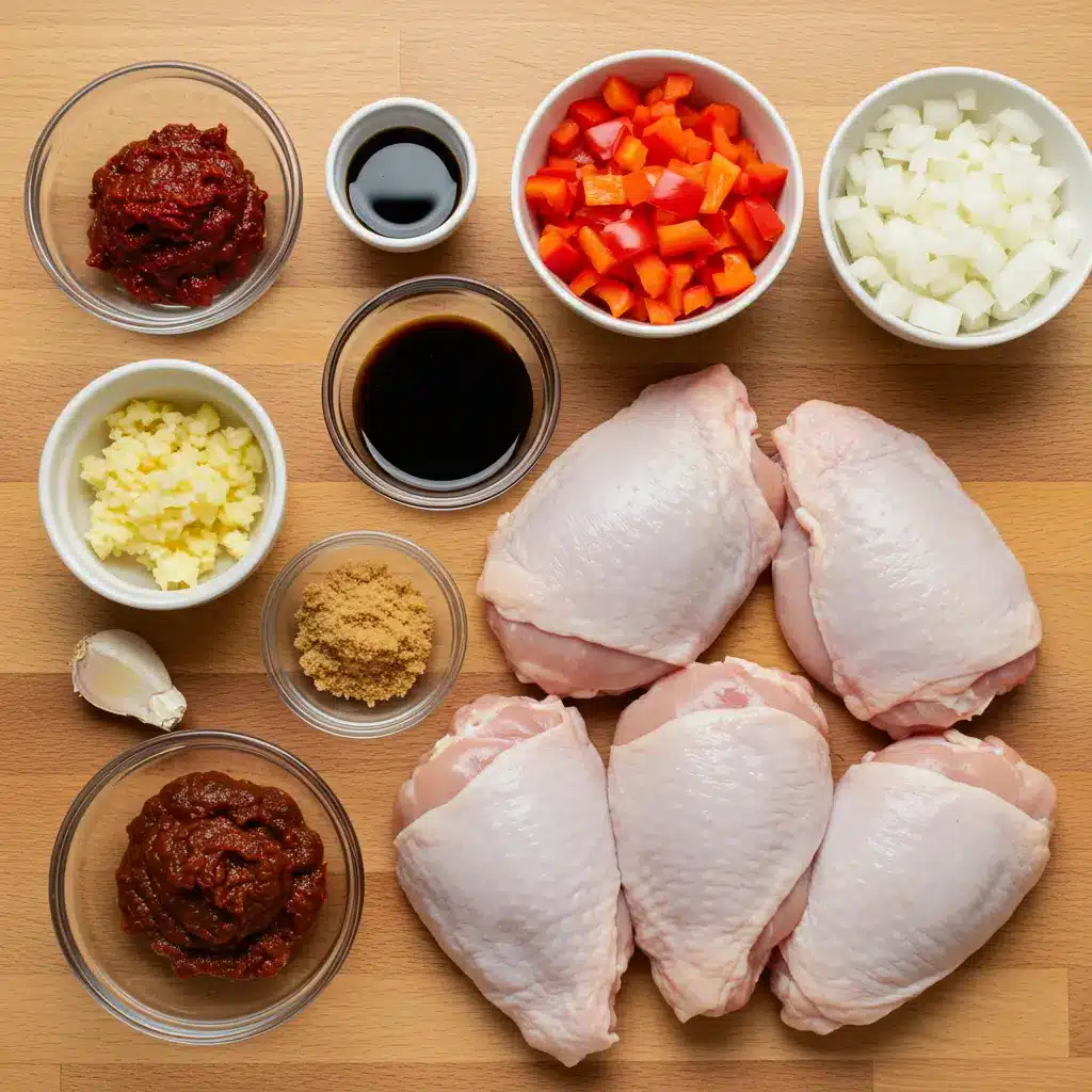 Gochujang Chicken Bowls: Bold, Spicy, and Easy to Make 5 Gochujang chicken marinade ingredients displayed on wood