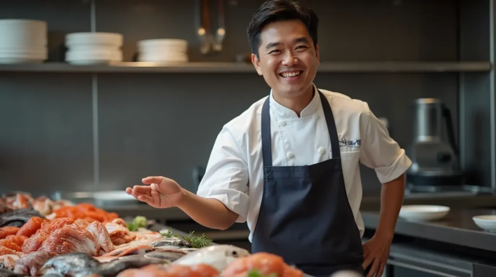About 3 Chef Haruki Sakamoto smiling warmly behind a seafood counter filled with fresh fish and shellfish, welcoming guests with an open hand gesture and the words “Welcome to our community.”