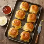 Hawaiian Roll Cheeseburger Sliders on tray with melted cheese