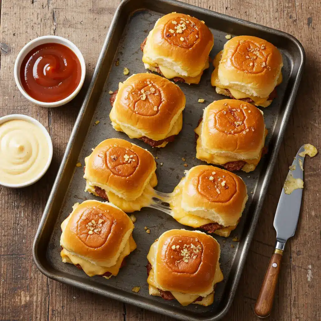 Hawaiian Roll Cheeseburger Sliders on tray with melted cheese