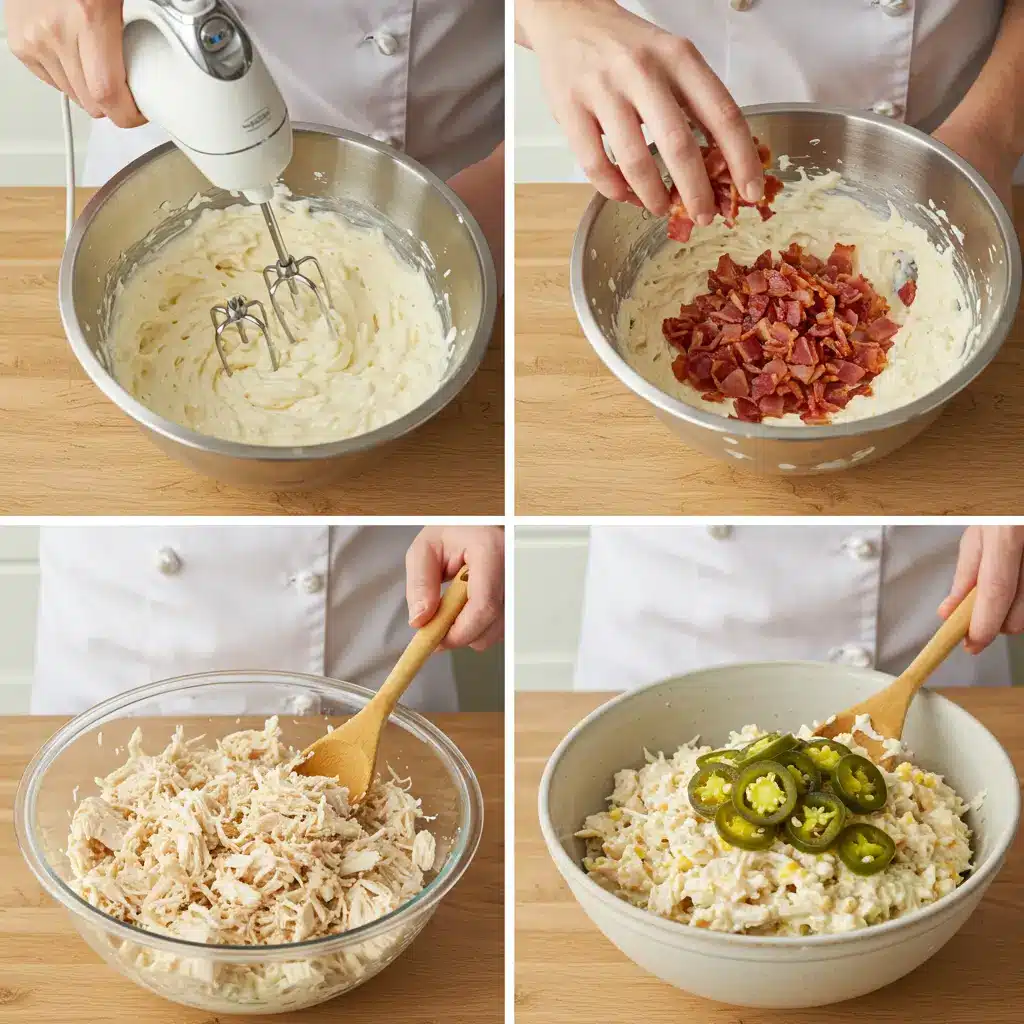 Jalapeño Popper Chicken Salad – Bold, Creamy, and Easy to Make 6 Mixing cream cheese base, Adding bacon, Folding in chicken