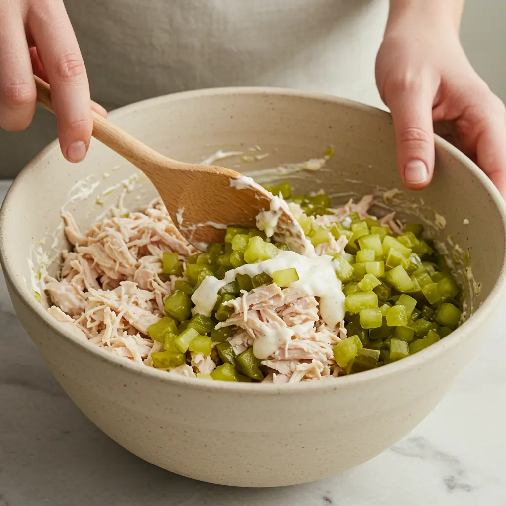 Dill Pickle Chicken Salad – Tangy, Creamy, Irresistible! 6 Hands mixing dill pickle chicken salad in a white bowl