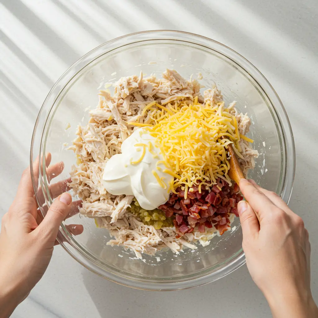Neiman Marcus Chicken Casserole – Ultimate Retro Comfort Dish 6 Mixing Neiman Marcus chicken casserole filling