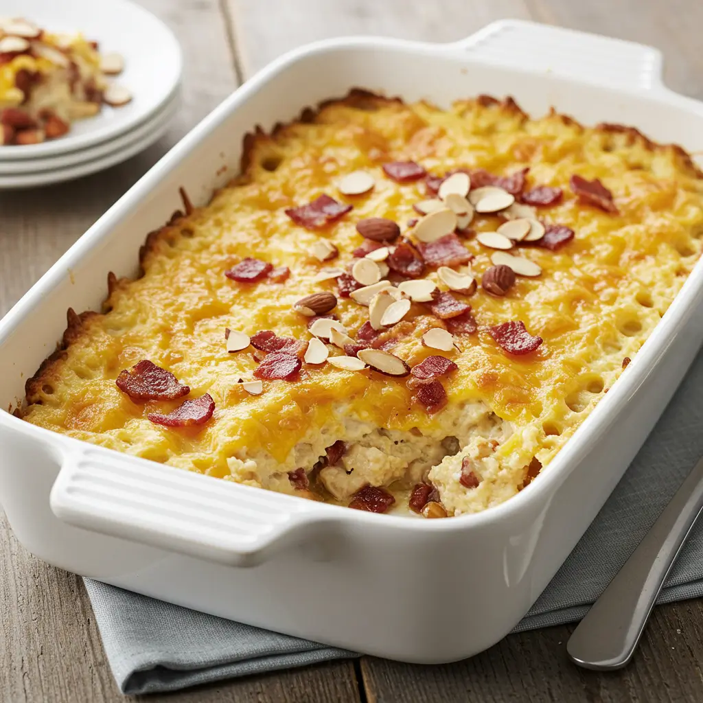 Neiman Marcus chicken casserole baked with cheddar and bacon