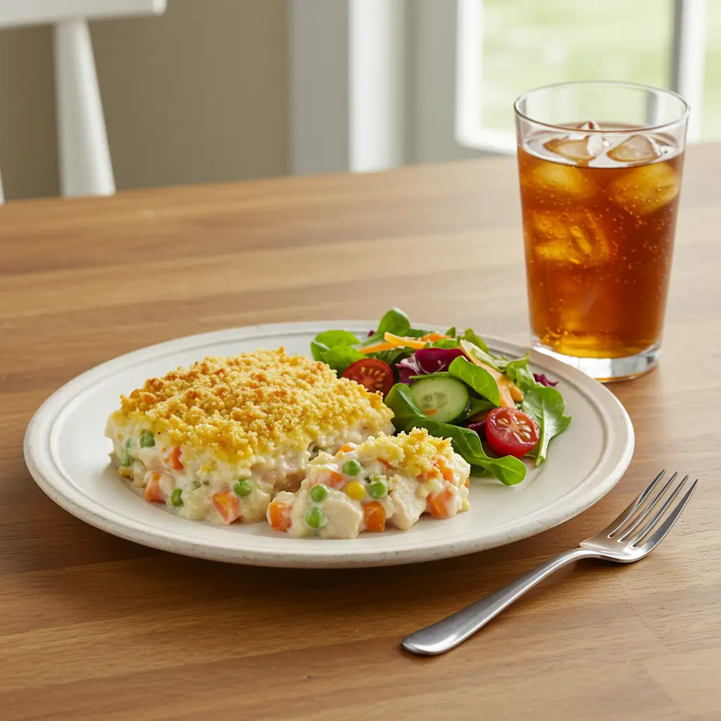 Neiman Marcus Chicken Casserole – Ultimate Retro Comfort Dish 7 Served Neiman Marcus chicken casserole with salad