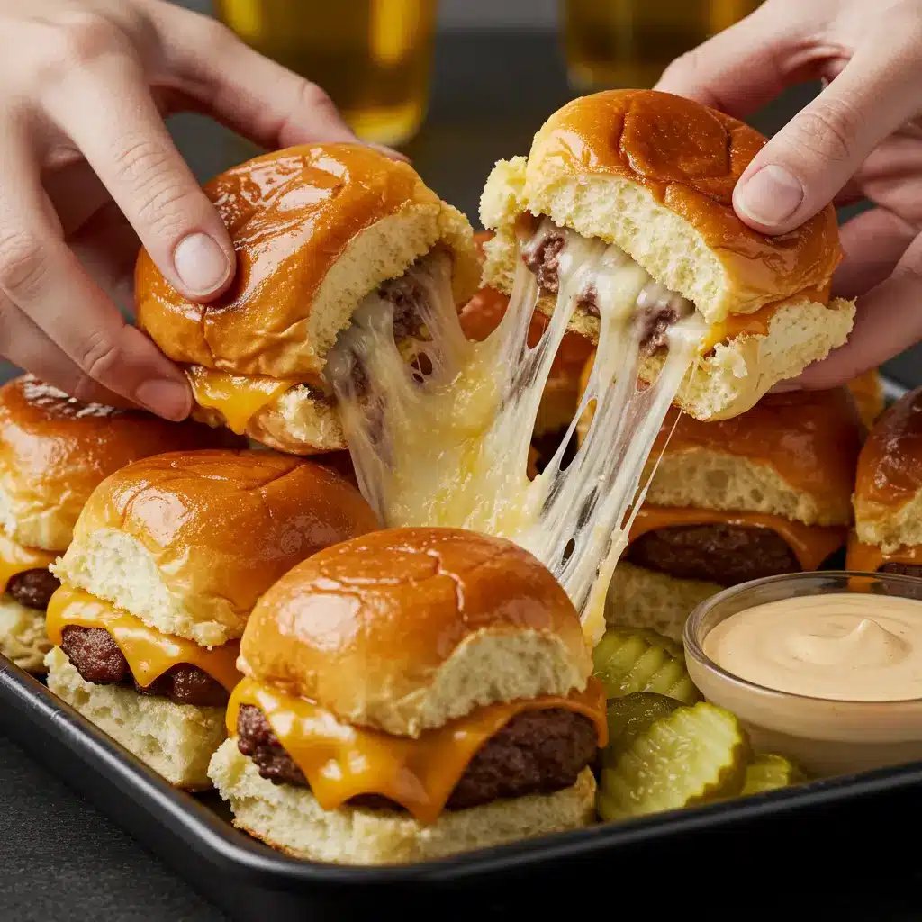 Hawaiian Roll Cheeseburger Sliders – Easy, Juicy, Crowd Favorite 7 Freshly baked Hawaiian Roll Cheeseburger Sliders being served