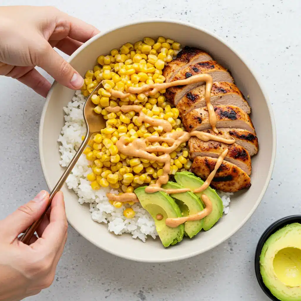 Street Corn Chicken Bowls – Easy, Flavor-Packed Meal Prep Recipe 5 Assembling street corn chicken bowl with rice, corn, chicken, avocado, and sauce
