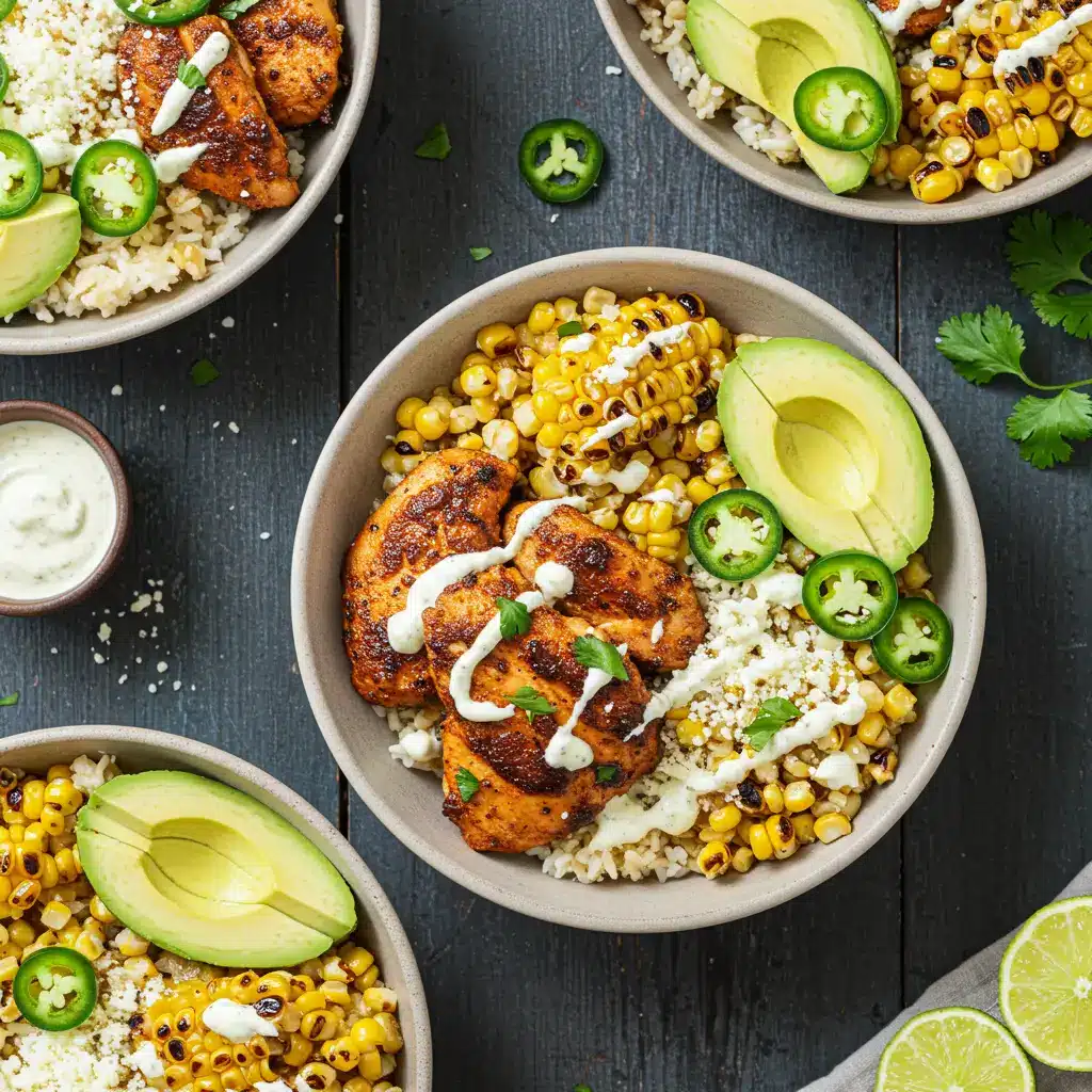Street Corn Chicken Bowls with blackened chicken, grilled corn, rice, and jalapeño lime sauce
