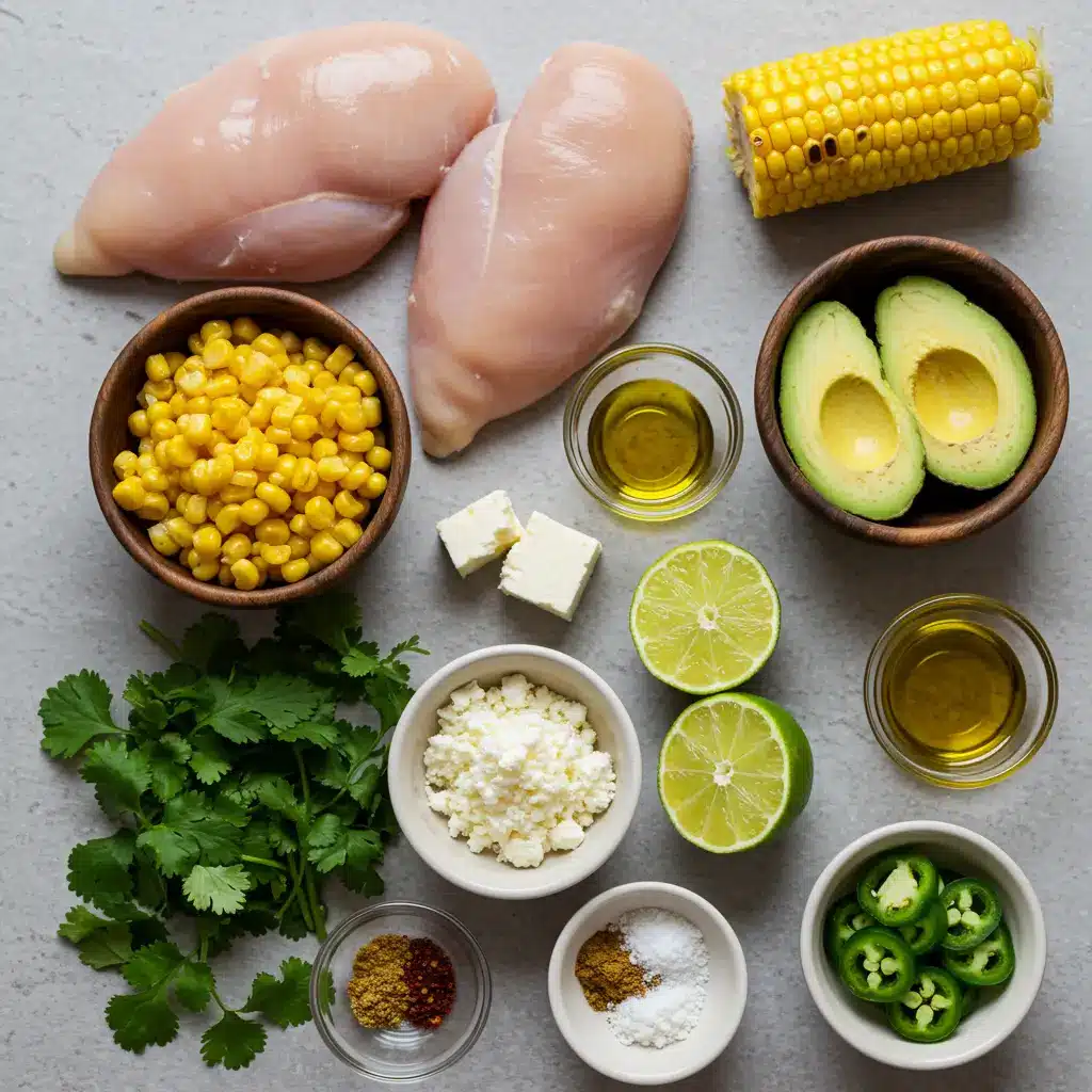 Street Corn Chicken Bowls – Easy, Flavor-Packed Meal Prep Recipe 4 Ingredients for street corn chicken bowls including chicken, corn, rice, lime, and avocado