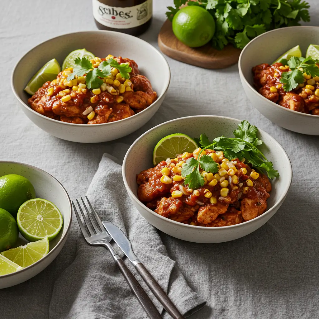 Street Corn Chicken Bowls – Easy, Flavor-Packed Meal Prep Recipe 6 Served street corn chicken bowls on dining table with lime and cilantro