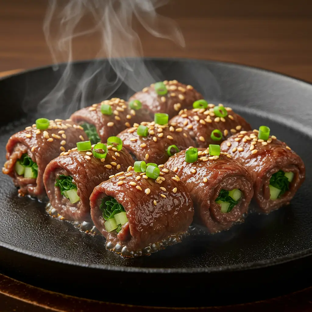 beef enoki roll recipe in skillet