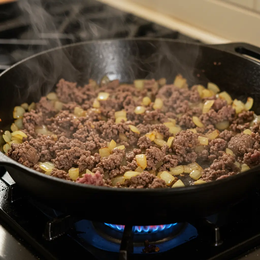 Cheeseburger Potato Skillet – Easy One-Pan Comfort Food Classic 6 Ground beef and onions cooking