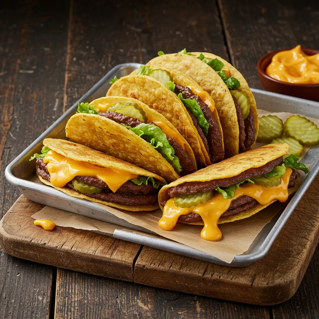 Big Mac Smash Burger Tacos stacked on tray with cheese and pickles