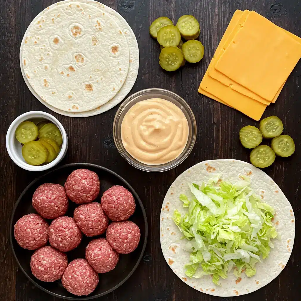 Big Mac Smash Burger Tacos: Crispy, Cheesy, and Loaded with Flavor 5 Ingredients for Big Mac Smash Burger Tacos arranged on dark wood surface
