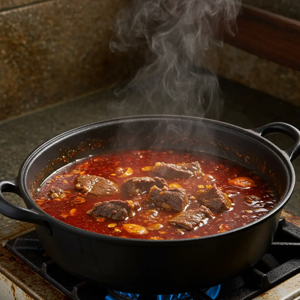 Easy Beef Birria Tacos – Authentic Flavor Made Simple 6 Beef simmering in chili sauce for birria tacos