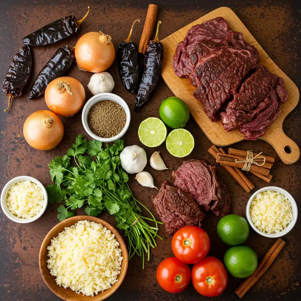 Easy Beef Birria Tacos – Authentic Flavor Made Simple 5 Birria tacos ingredients including beef, spices, and chilies