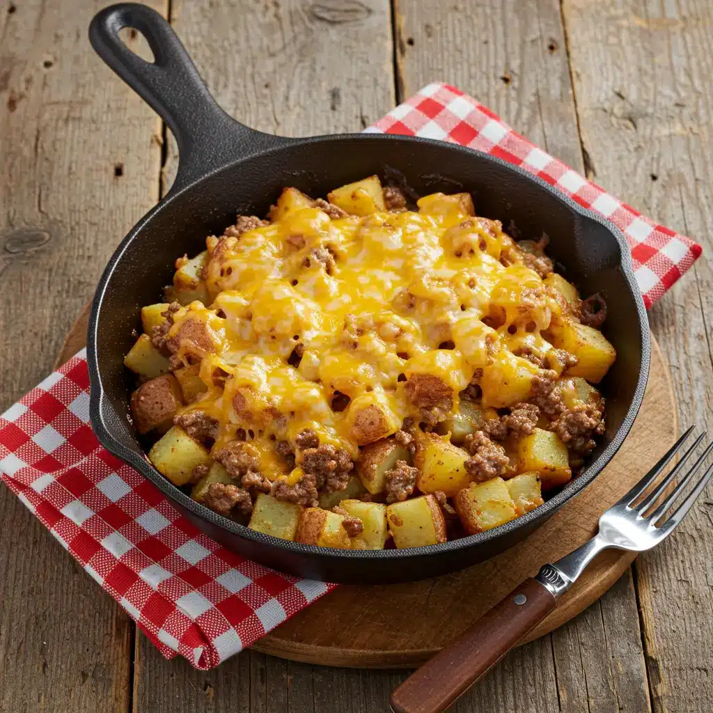 Cheeseburger Potato Skillet in cast-iron pan