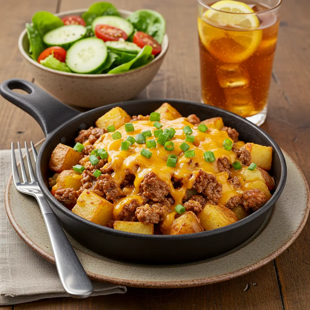 Cheeseburger Potato Skillet – Easy One-Pan Comfort Food Classic 7 Served cheeseburger potato skillet on plate