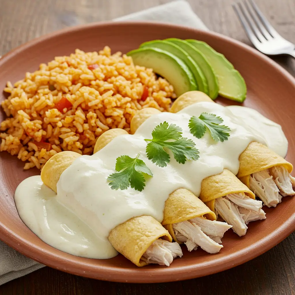 Easy Creamy White Chicken Enchiladas That Melt in Your Mouth 3 Served plate of Easy Creamy White Chicken Enchiladas