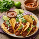 Plated easy beef birria tacos with dipping broth