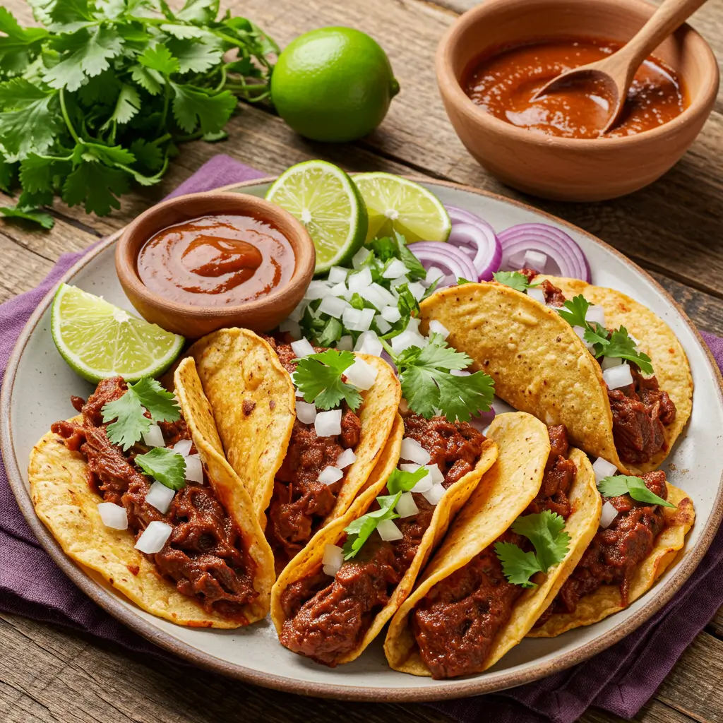 Easy Beef Birria Tacos – Authentic Flavor Made Simple 7 Plated easy beef birria tacos with dipping broth