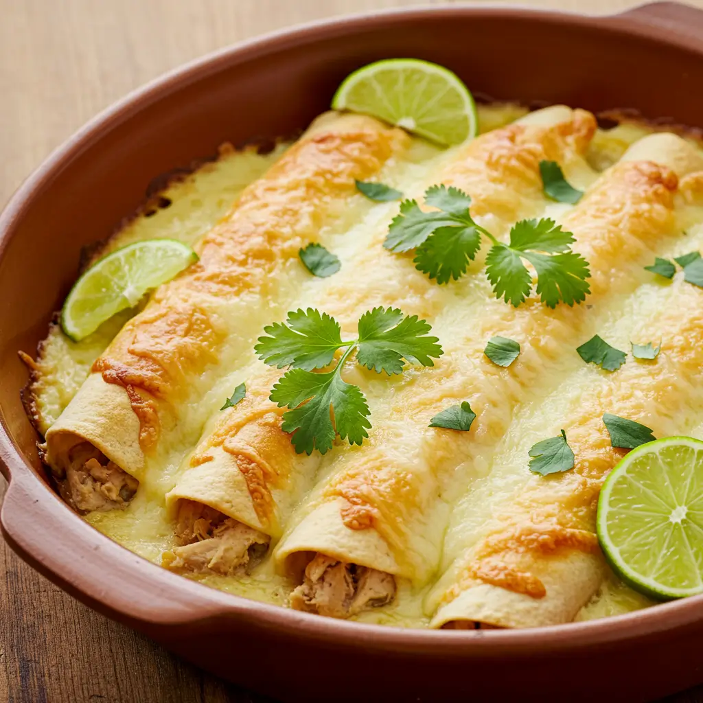 Easy Creamy White Chicken Enchiladas baked golden brown