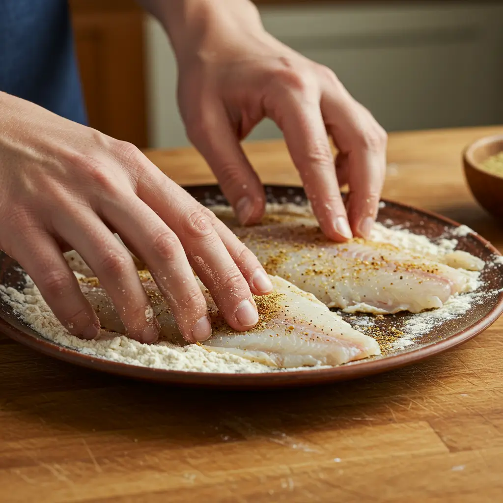 Fried Flounder Fish Recipes: Easy Crispy Skillet Perfection 6 Flounder fillets being dredged in seasoned flour mix