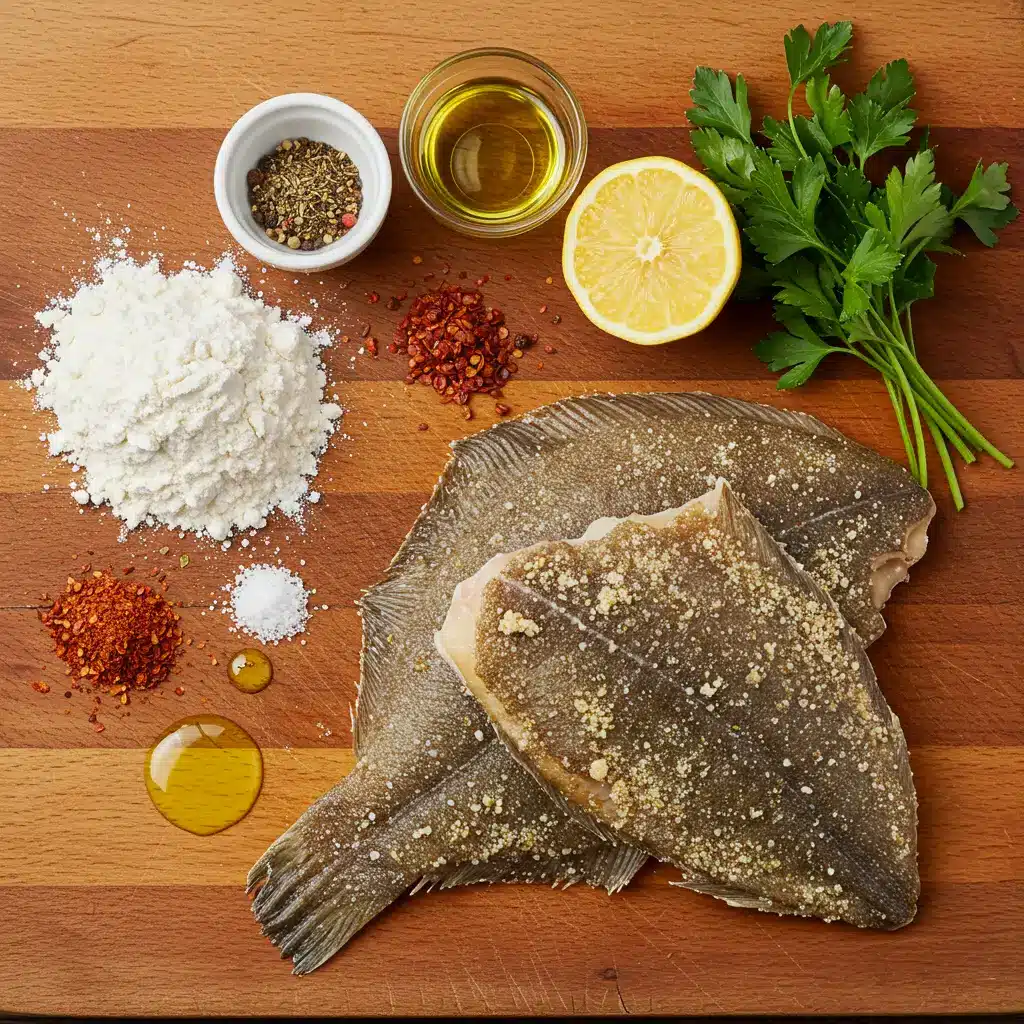 Fried Flounder Fish Recipes: Easy Crispy Skillet Perfection 5 Ingredients for fried flounder fish recipes arranged on a wooden board
