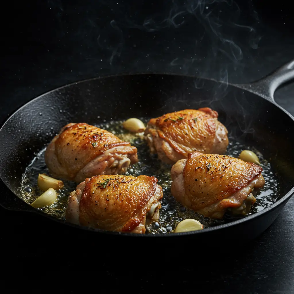 Garlic Parmesan Chicken Thighs – Juicy, Crispy & Irresistible Flavor in Every Bite 6 Searing Garlic Parmesan Chicken Thighs in cast iron