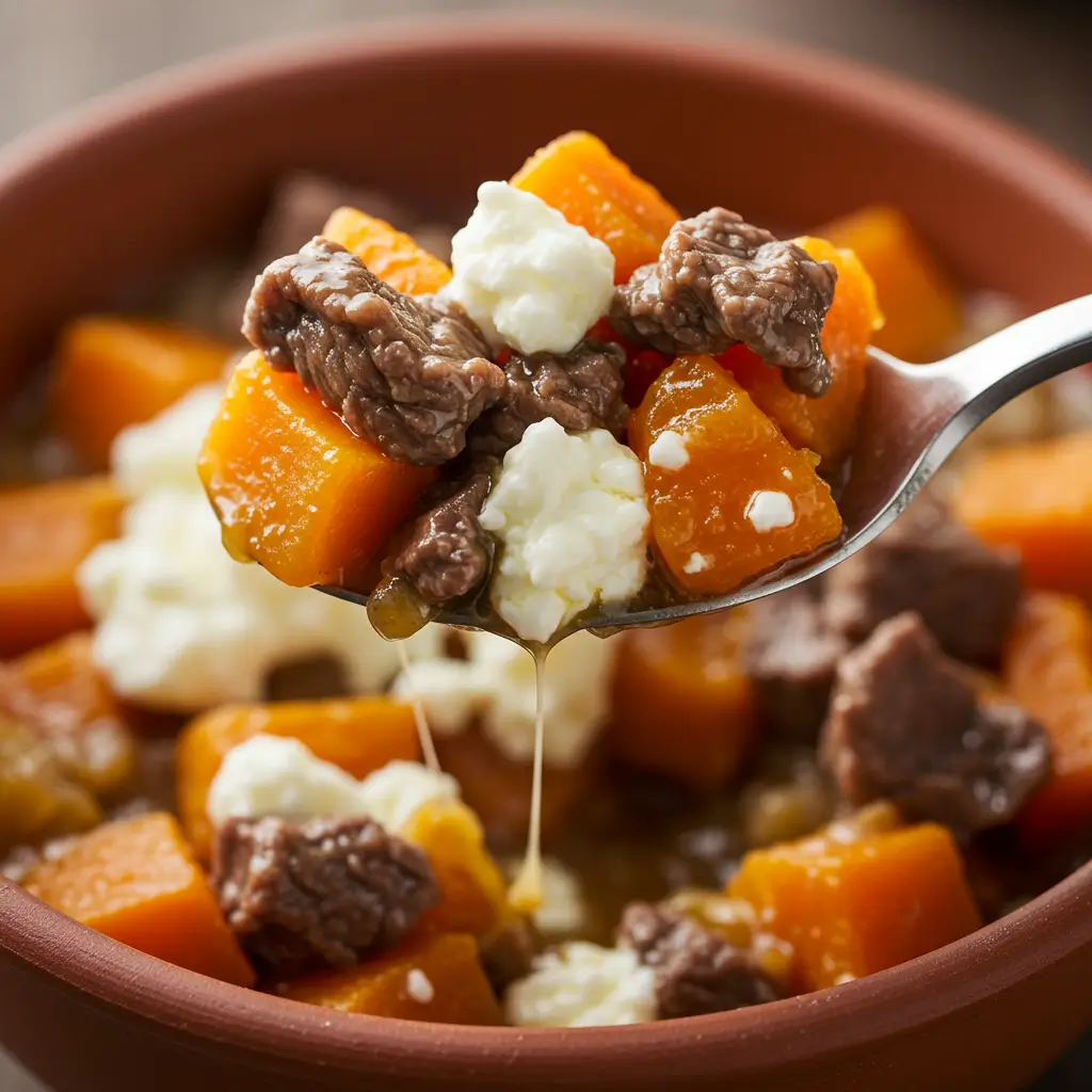 Ground Beef Sweet Potato Cottage Cheese Bowl – Healthy, Viral & Easy 6 Spoonful of ground beef sweet potato cottage cheese bowl lifted from dish