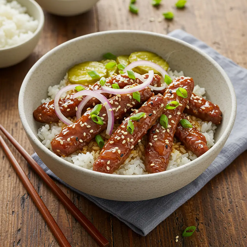 hot honey beef bowl served with rice and toppings