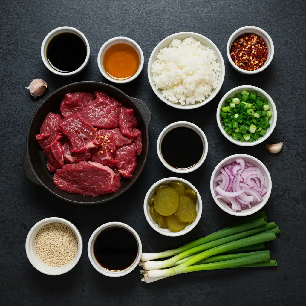 Hot Honey Beef Bowl – Sweet Heat Meets Savory in One Perfect Bowl 5 ingredients for hot honey beef bowl on flat surface