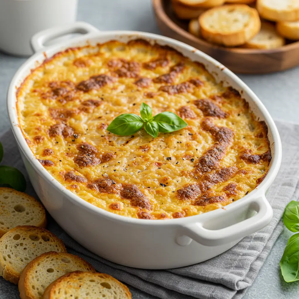 Marry Me Dip served with crostini in rustic dish
