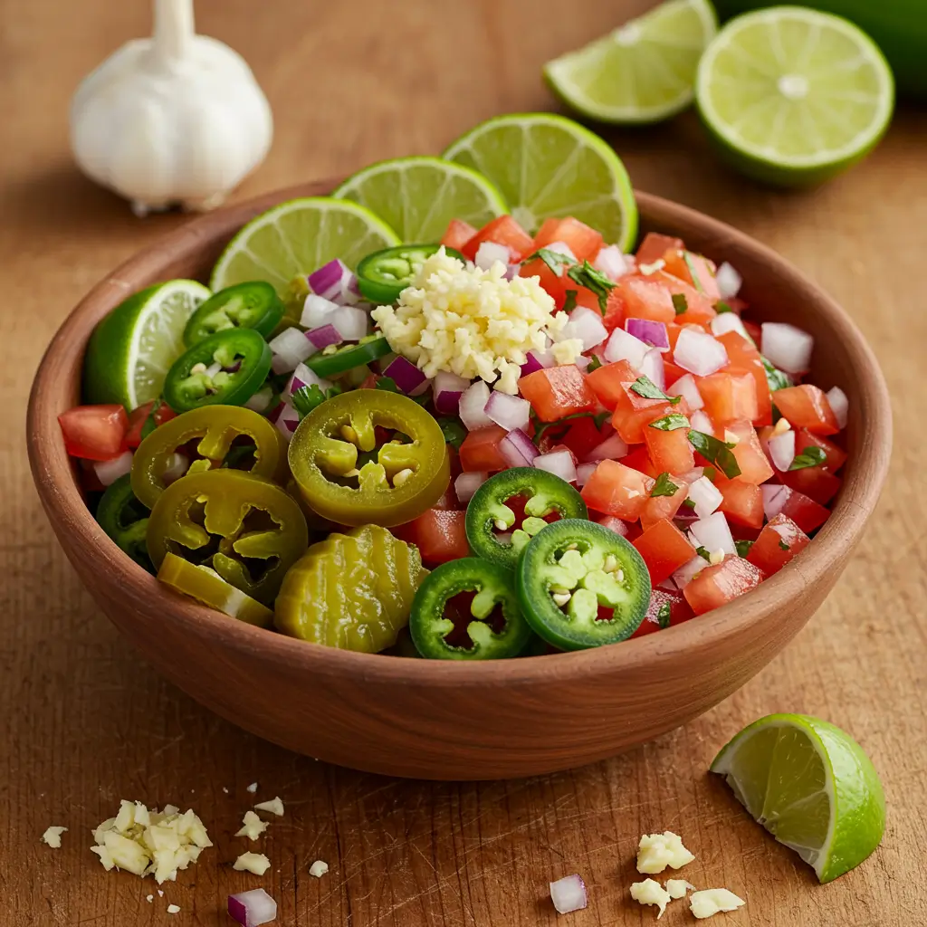 Pickle de Gallo in rustic bowl with fresh herbs