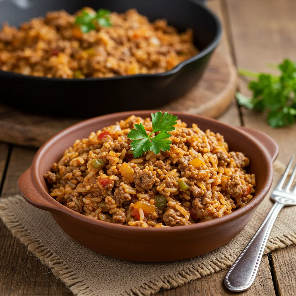 Recipe Cajun dirty rice served in a rustic bowl