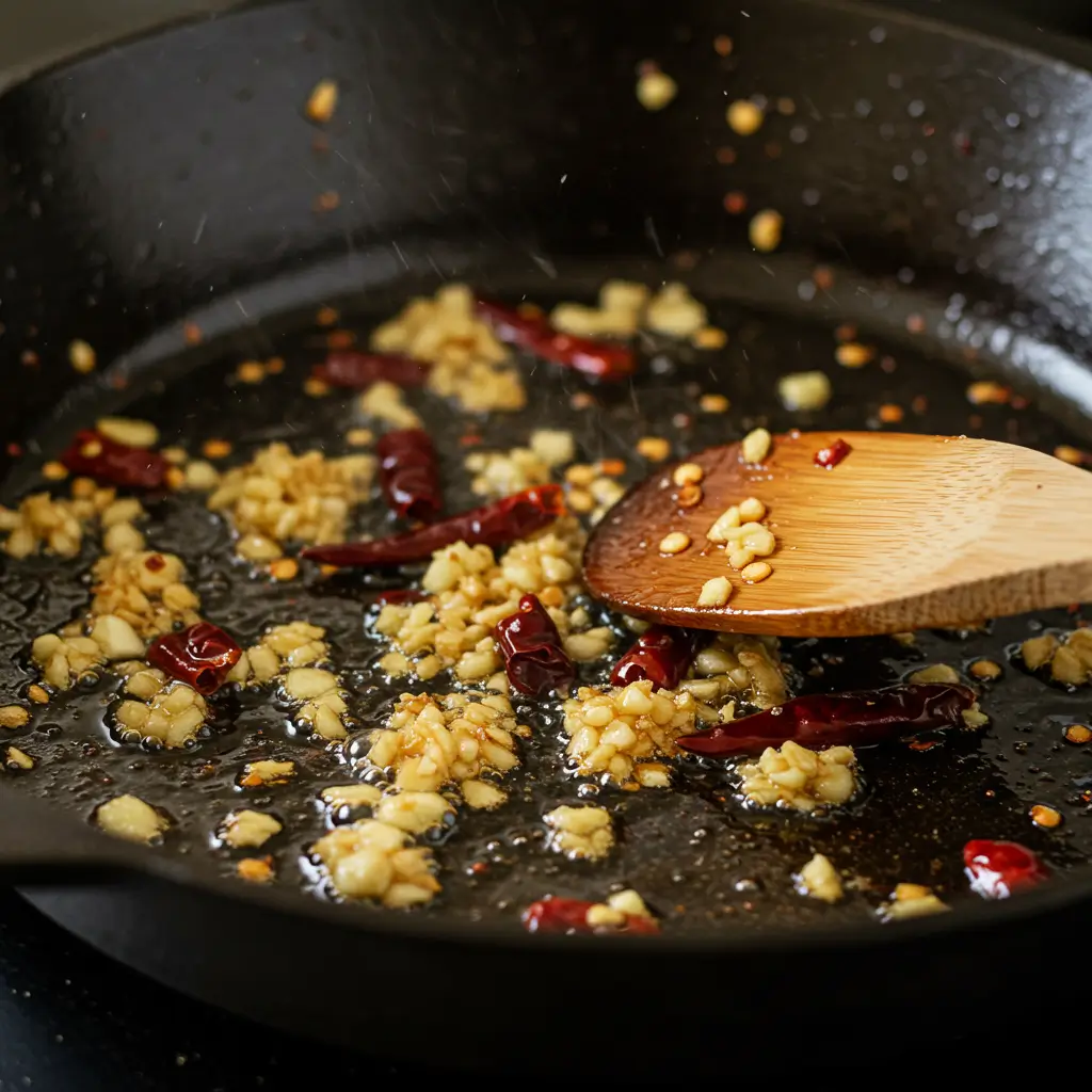 Low Carb Kung Pao Chicken Recipe That’s Big on Flavor, Not Carbs 6 Sautéing aromatics for kung pao chicken
