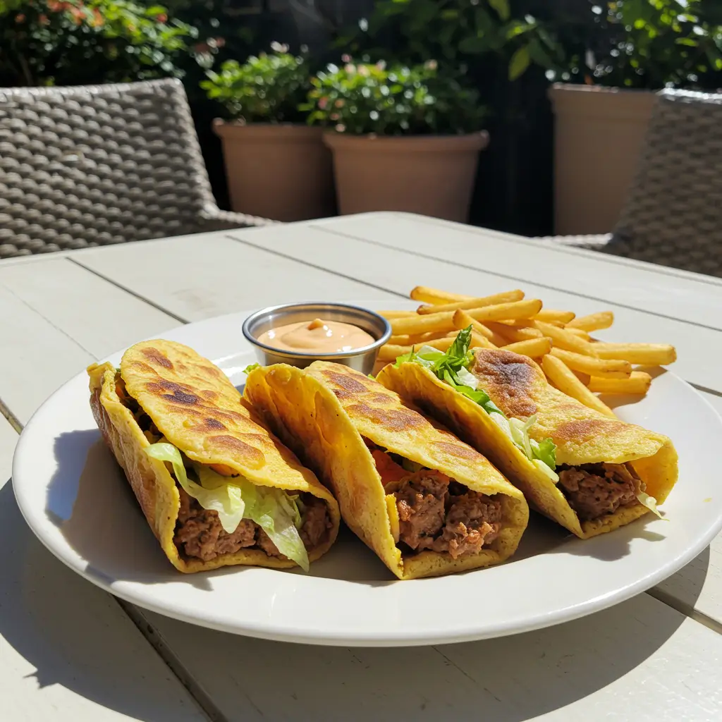 Big Mac Smash Burger Tacos: Crispy, Cheesy, and Loaded with Flavor 7 Big Mac Smash Burger Tacos on plate with fries and dipping sauce