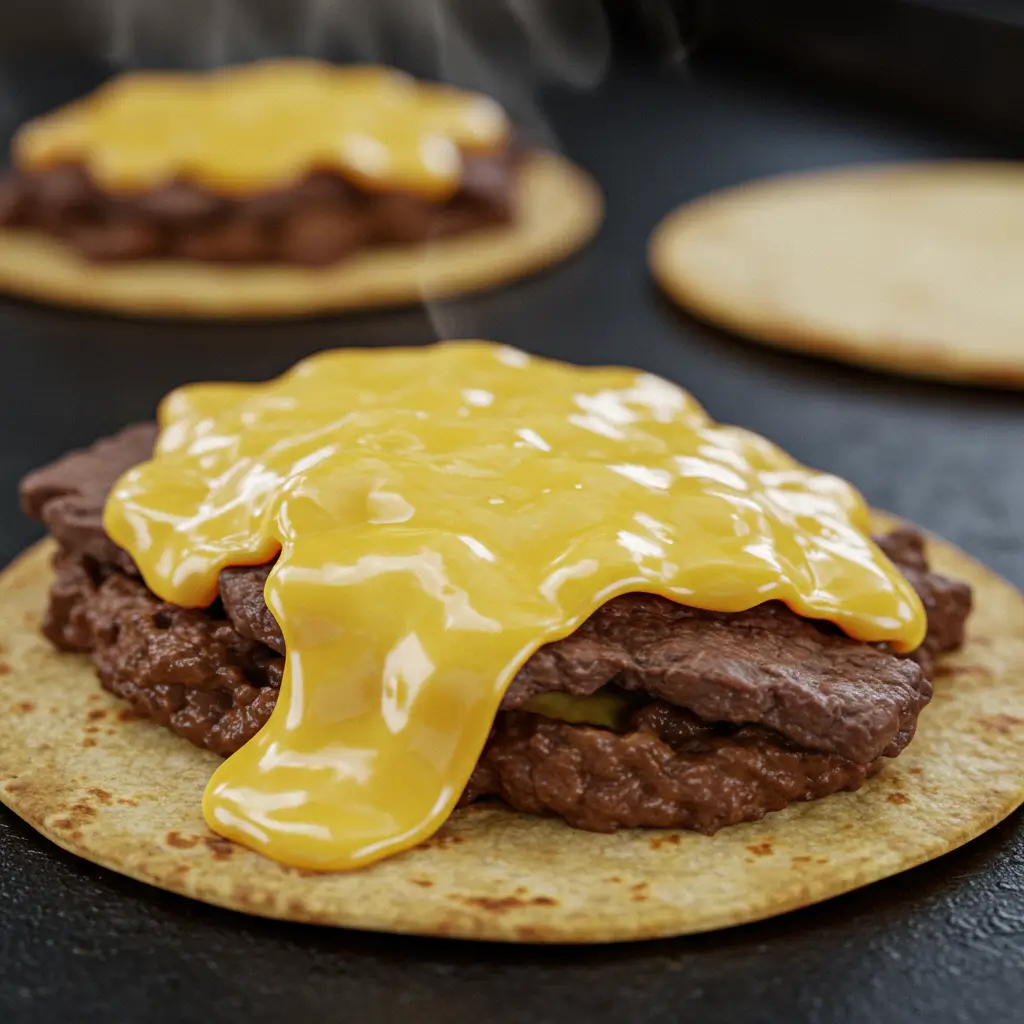 Smash Burger Tacos – Crispy, Juicy, and Easy to Make at Home 6 melting cheese on smash burger tacos